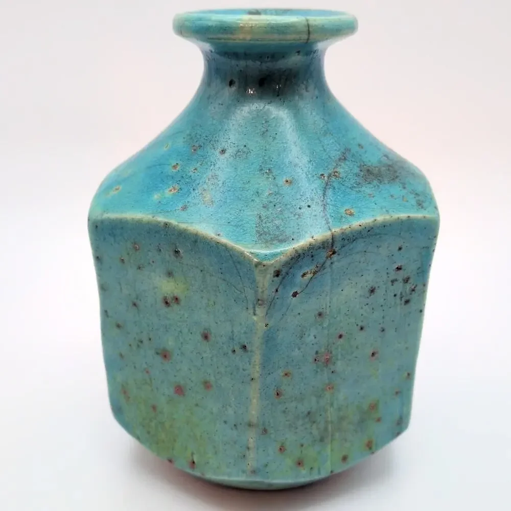 Robert Compton Studio Raku Pottery Small Blue Vase 1991 Vintage Signed - 4.5in